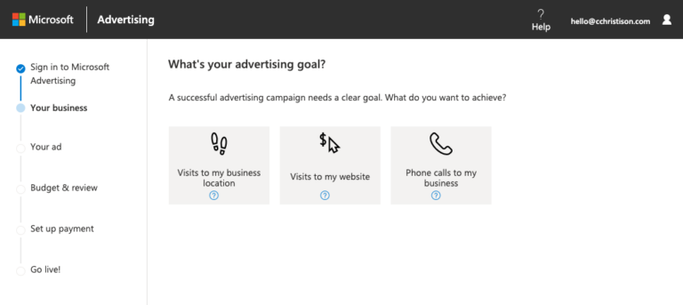 Microsoft Advertising dashboard showing options to choose advertising goals: visits to business location, visits to website, phone calls to business