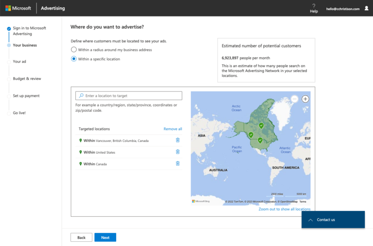 Microsoft Advertising interface showing location targeting options selected for Vancouver, British Columbia, United States, and Canada with an estimated potential customer count and a map of targeted locations.