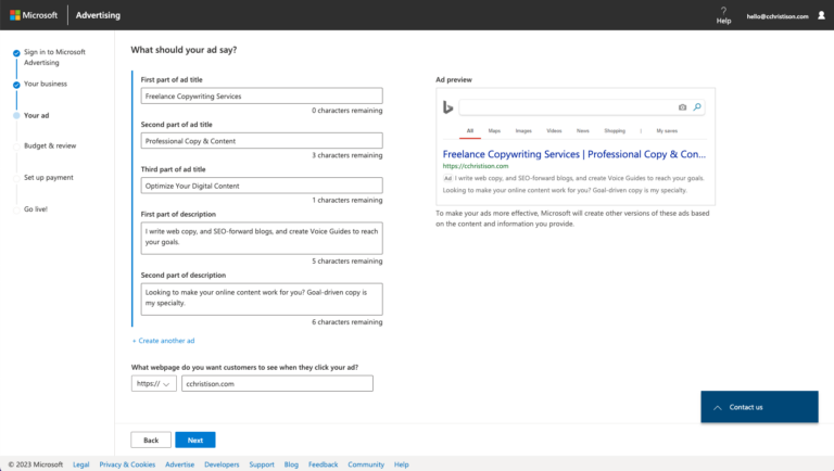 Microsoft Advertising interface showing form fields to create a PPC ad with title parts and description sections, alongside an ad preview and site URL input.