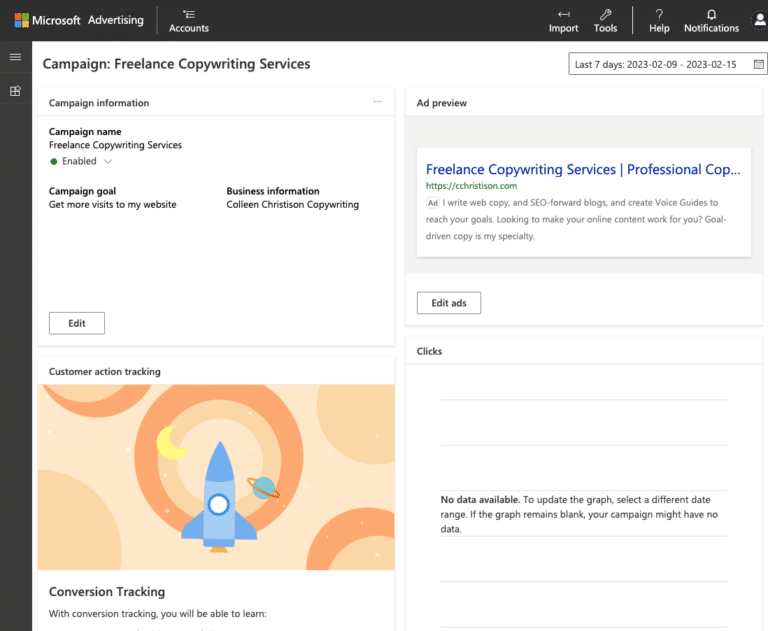 Screenshot of a Microsoft Advertising dashboard showing a campaign for Freelance Copywriting Services with sections for campaign information, ad preview, customer action tracking, and conversion tracking