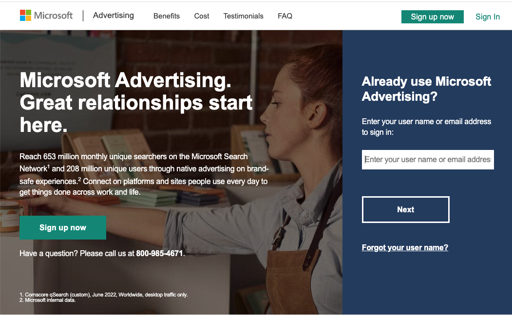 Woman reaching for a book in bookstore with Microsoft Advertising sign-up and login sections on screen