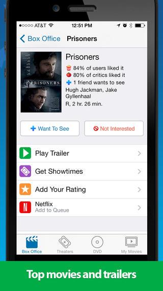 Mobile app screen showing movie details for Prisoners including user and critic ratings, cast information, and options to play trailer, get showtimes, add rating, and add to Netflix queue