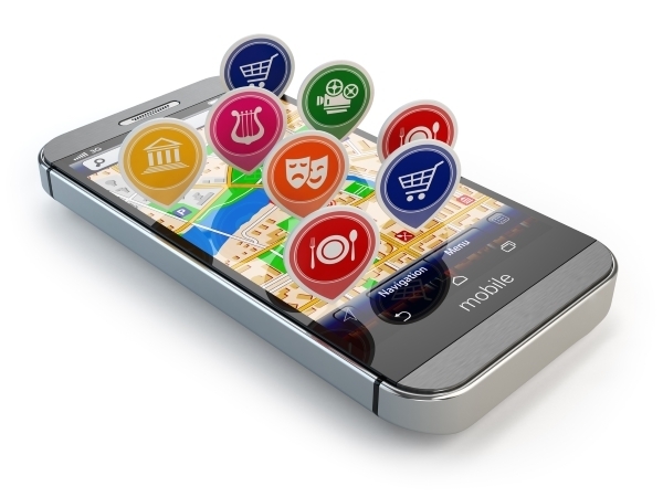 Smartphone showing a digital map with geolocation markers for shopping, dining, entertainment and cultural sites