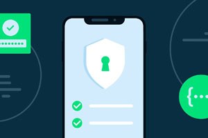 Mobile phone screen showing a shield with a lock and check marks indicating security steps