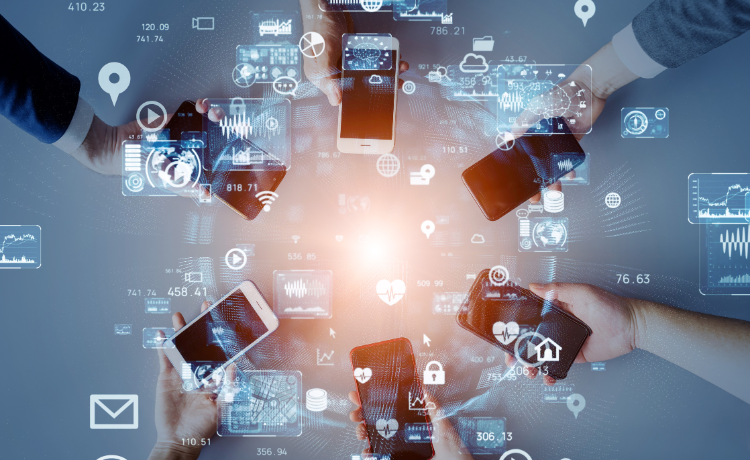 Multiple hands holding smartphones surrounded by digital data and technology icons representing connectivity and information exchange