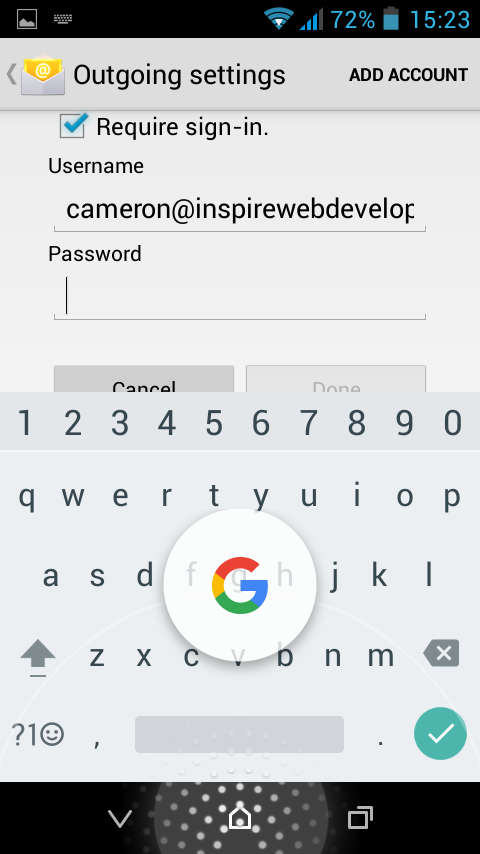 Mobile screen showing outgoing email settings with option to require sign-in, username field partially visible, and keyboard open for password entry