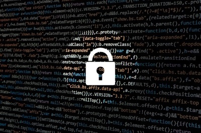 Padlock icon with a digital locked symbol overlaid on a background of code representing cybersecurity