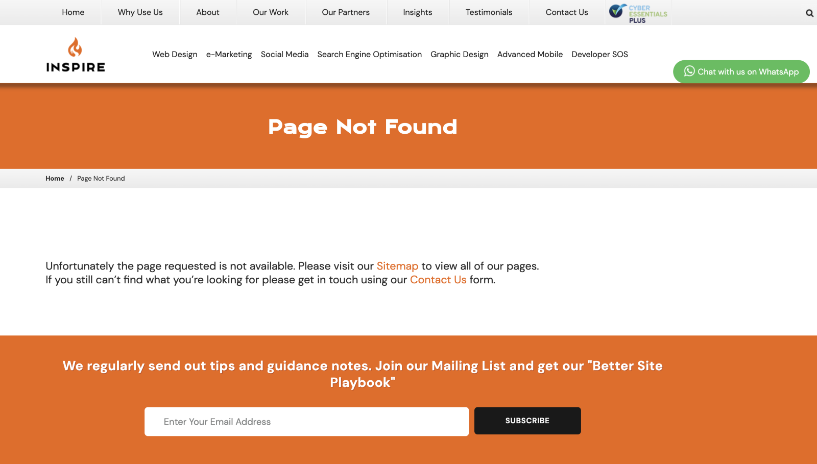 Website page displaying a 'Page Not Found' error with navigation options and a mailing list subscription prompt on an orange and white background