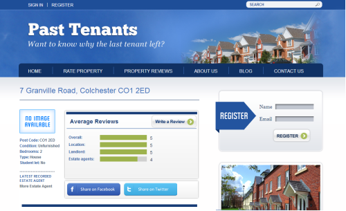 Concept Web Development Website page titled Past Tenants with property review scores and a sign-up form, showing houses in the banner image