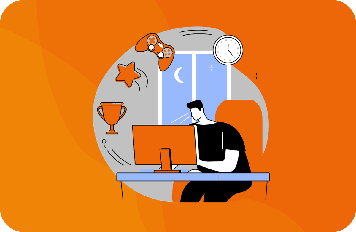 Illustration of a person sitting at a desk using a computer with gaming icons, a trophy, and a clock showing nighttime in the background