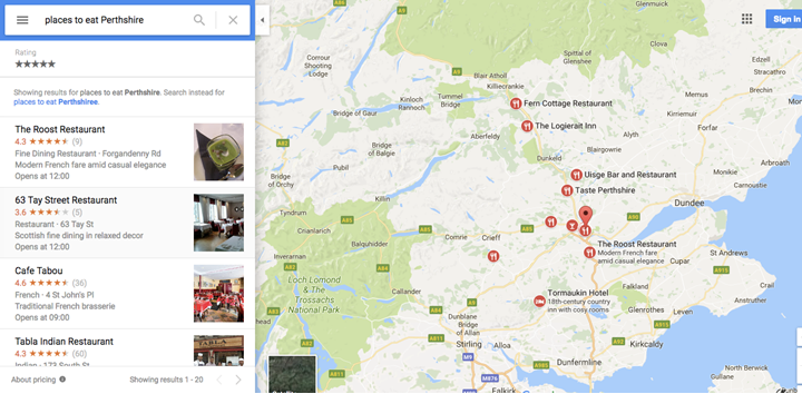 PLACES TO EAT PERTHSHIRE Map showing locations of restaurants and eateries in Perthshire area with restaurant names and ratings on the left panel
