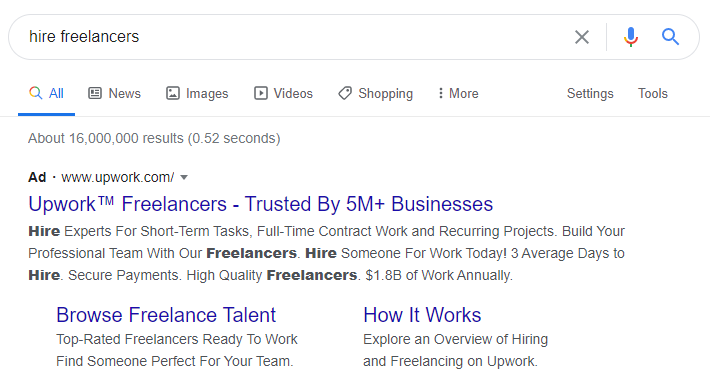 Screenshot of a Google search results page showing an Upwork advertisement for hiring freelancers highlighting trusted businesses and hiring process details