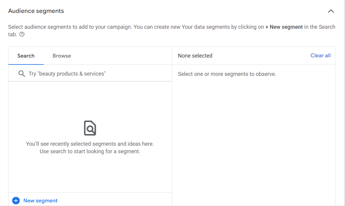 User interface showing audience segments selection for a PPC campaign with empty search results and option to create a new segment