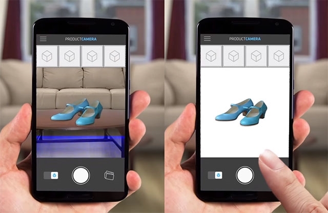 Hand holding smartphone displaying a product camera app with 3D view of blue shoes, showing the object on a table and isolated on white background