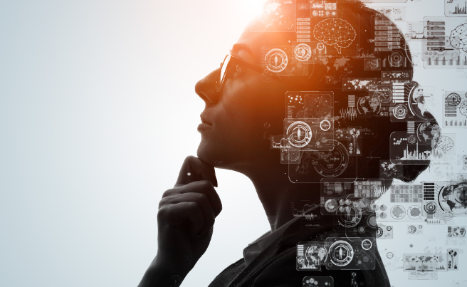 Profile silhouette of a person thinking with digital AI-related graphics and data interfaces around the head