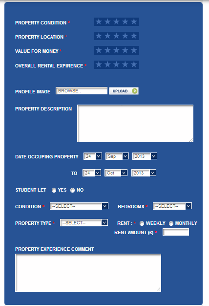 Concept Web Development - Review Rating Capture Online form for submitting a property rental review with fields for condition, location, value for money, rental experience ratings, profile image upload, property description, tenancy dates, student let option, bedrooms, rent frequency, rent amount and experience comments.