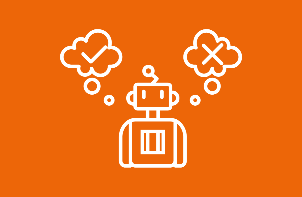 White line drawing of a robot with thought bubbles showing a check mark and a cross on an orange background