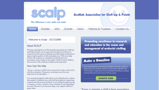 Scalp 4 Kids Charity Website Homepage screenshot of Scalp Kids website showing navigation menu, welcome message, and donation prompt for supporting cleft lip and palate research