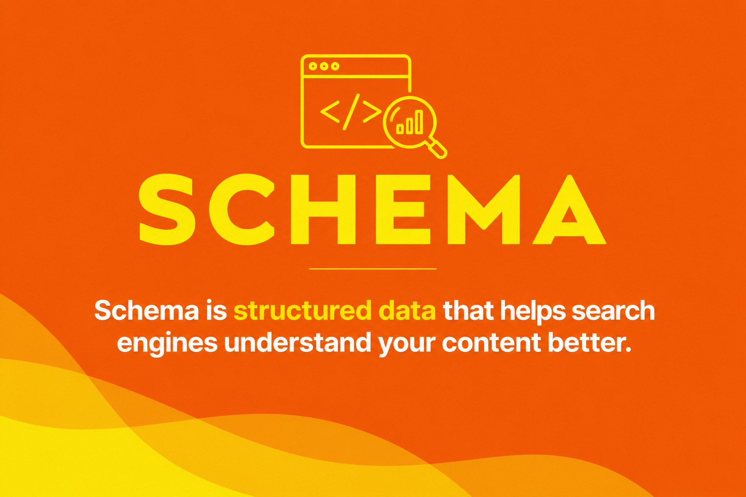 Graphic with code symbol and magnifying glass above text explaining schema is structured data that helps search engines understand content