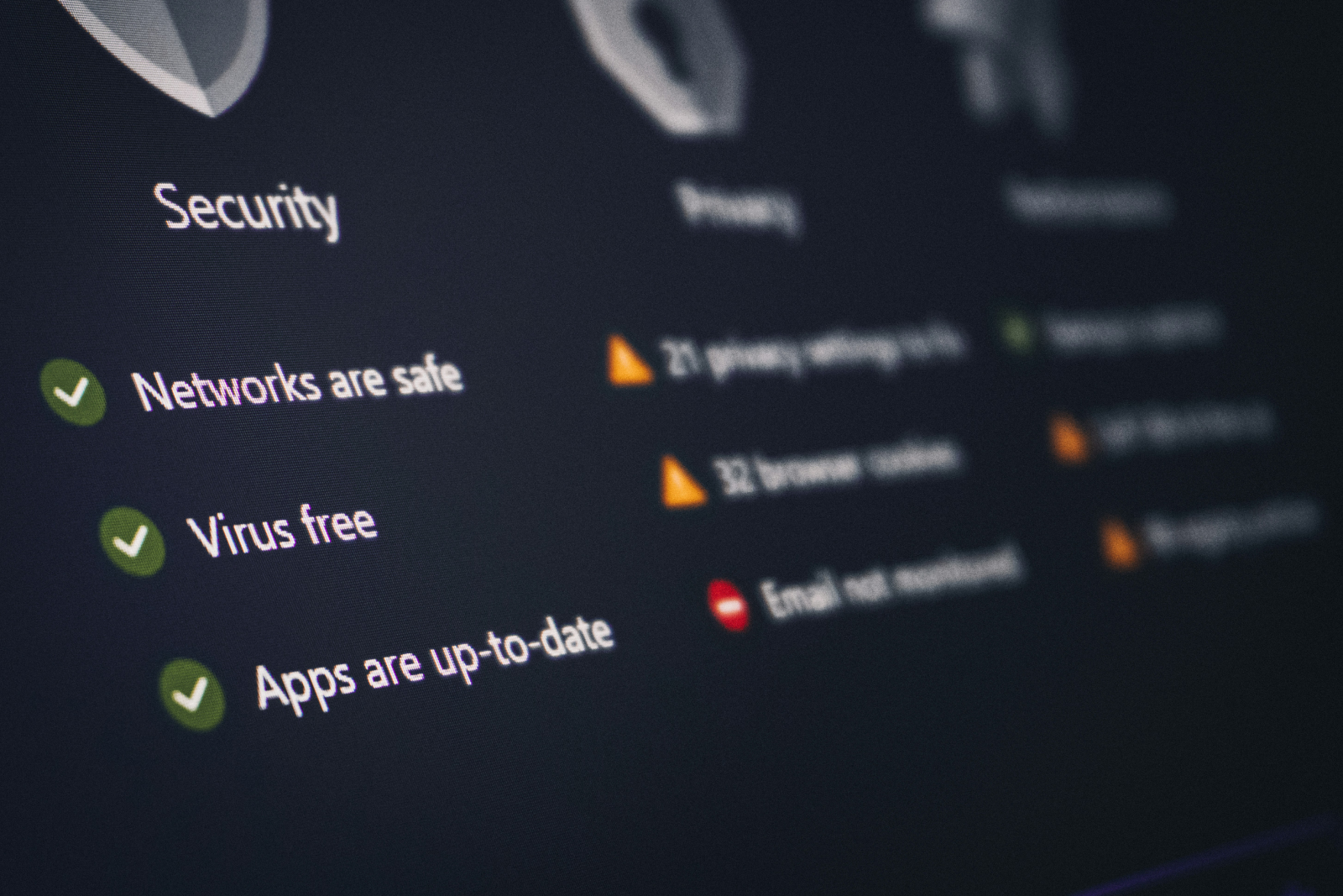 Security checklist on a computer screen showing items like networks are safe, virus free, and apps are up to date with green check marks