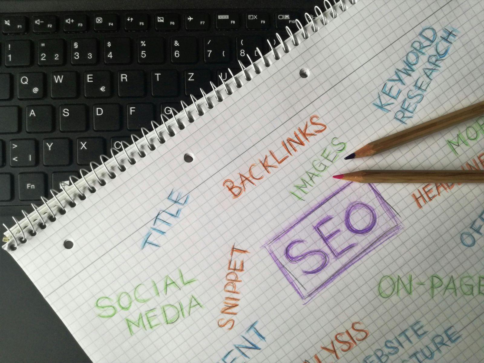 Notebook page with handwritten SEO-related terms including keyword research, backlinks, social media, title, images, and snippet around a central boxed 'SEO' word, with two coloured pencils on the page and part of a laptop keyboard