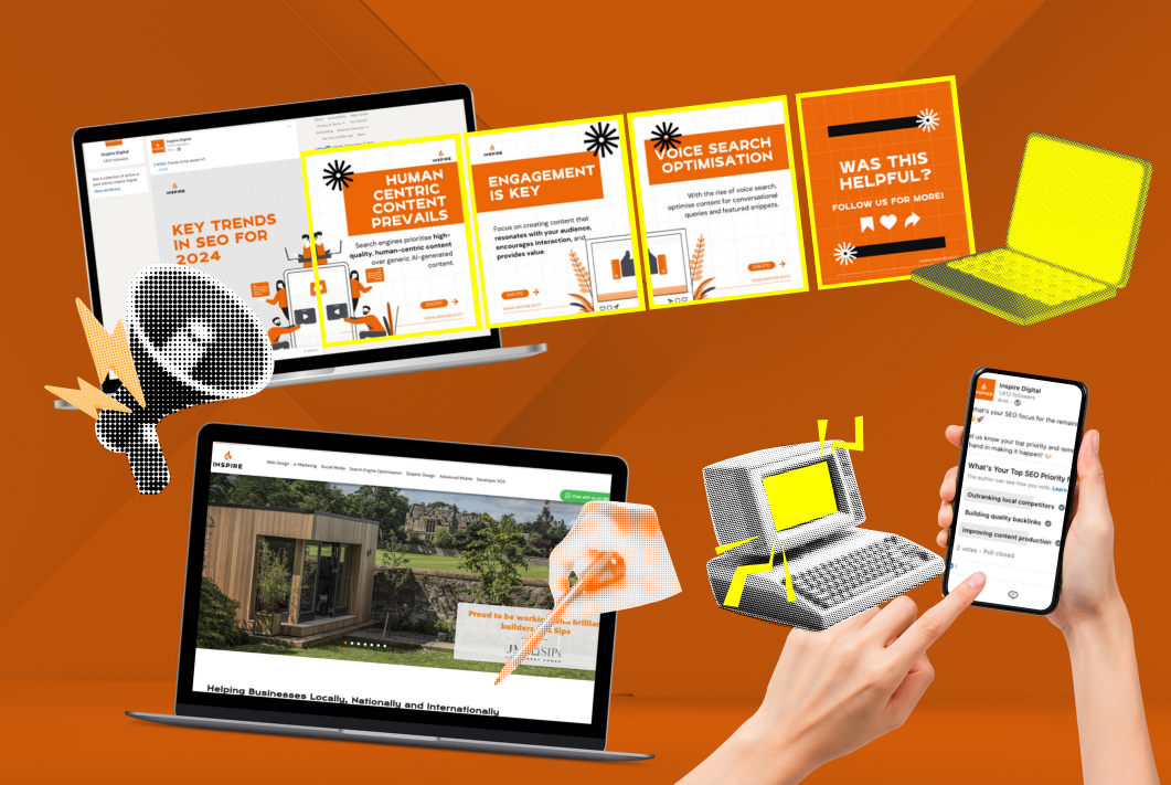 Collage showing laptops, smartphone and vintage computer with SEO tips on screens, emphasising human-centric content, engagement and voice search optimisation
