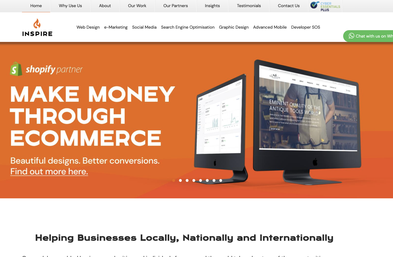 Two computer screens showing ecommerce analytics and an antique tools online store on an orange background with white text promoting ecommerce success through beautiful designs and better conversions