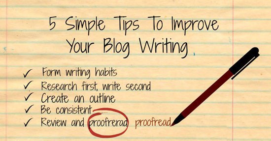 Paper with handwritten list of five simple tips to improve blog writing including forming writing habits and proofreading