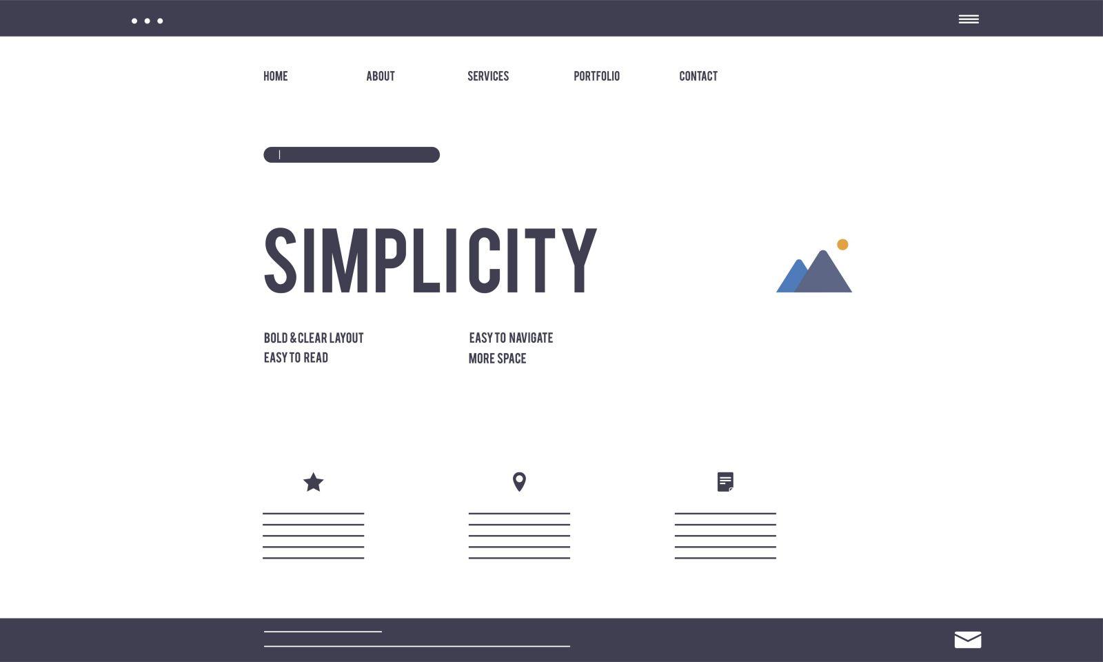 Website layout concept emphasizing simplicity with bold clear text, easy navigation icons and minimalist design
