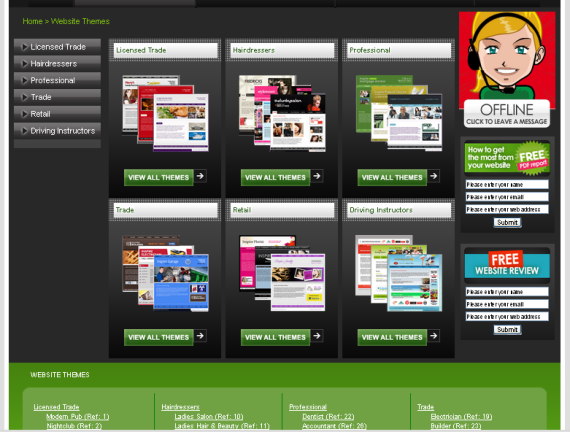 Website theme options for small business sectors including licensed trade, hairdressers, professional, trade, retail, and driving instructors with preview thumbnails and view all buttons