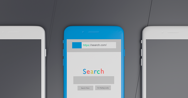 Top view of three smartphones with the centre phone displaying a web search engine page with colourful search text and search buttons