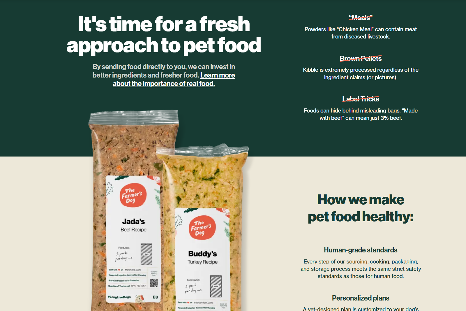 Two clear plastic packets of The Farmer's Dog fresh pet food with personalised labels for Jada’s Beef Recipe and Buddy’s Turkey Recipe