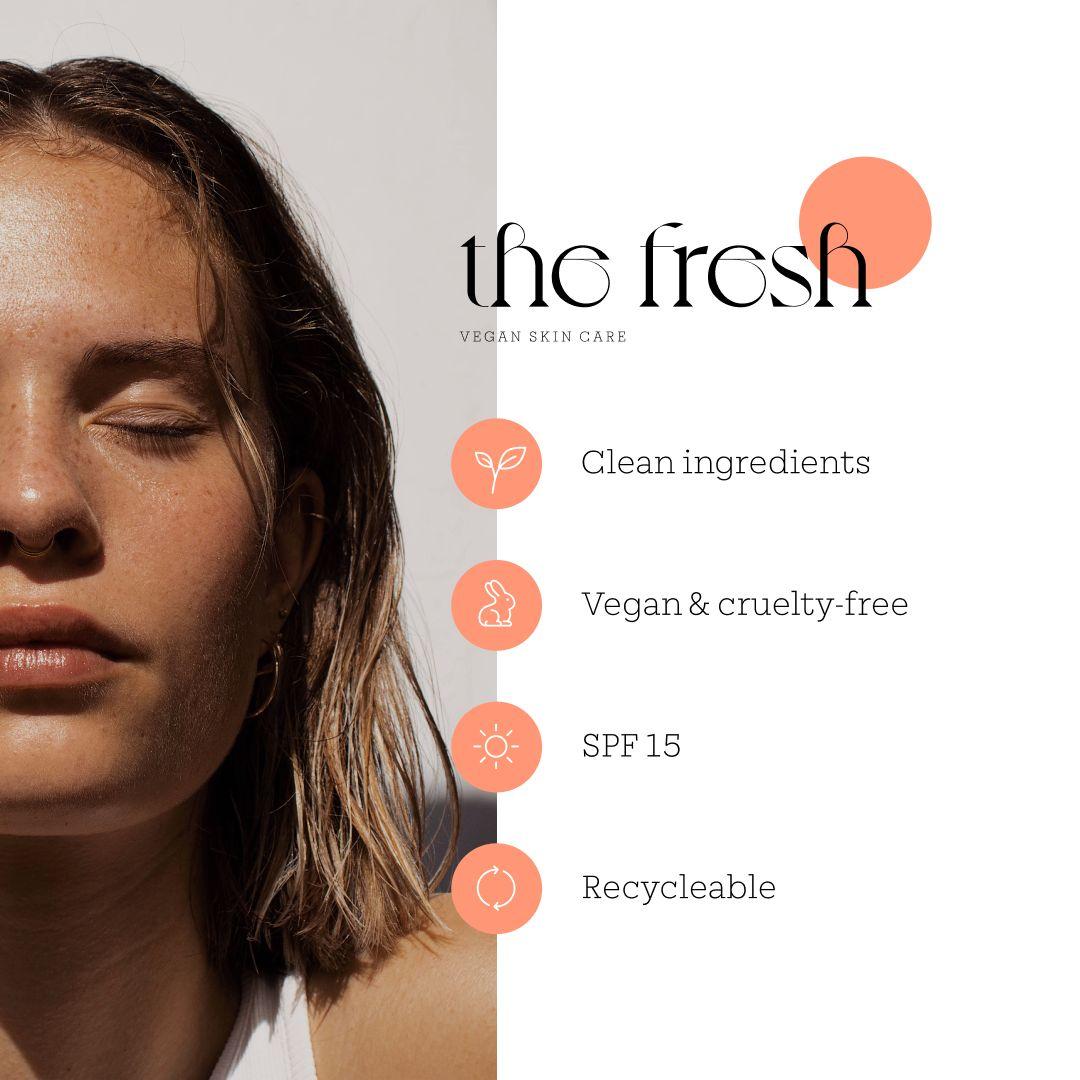 Close-up of a young woman with eyes closed and short hair beside text listing vegan skin care benefits including clean ingredients, vegan and cruelty-free, SPF 15, and recyclable packaging