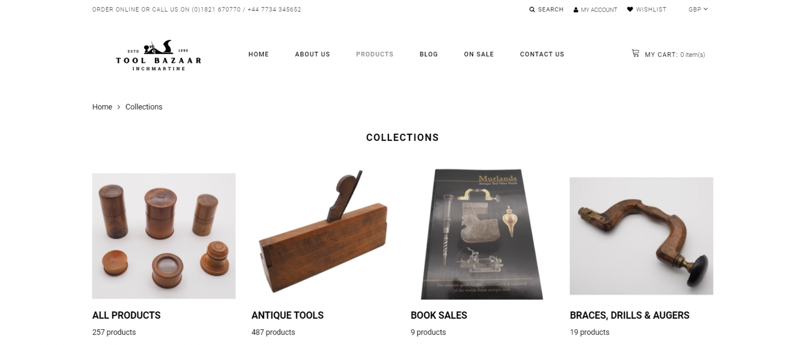Website screenshot showing Tool Bazaar Inchmartine collections page with categories for all products, antique tools, book sales, and braces, drills & augers