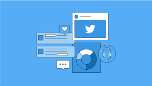 Social media icons including Twitter bird, chat bubbles, like heart, pie chart, and headphones on blue background