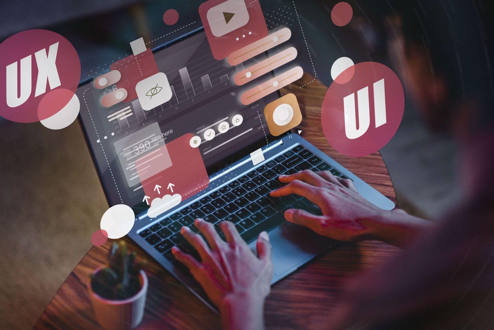 Person using a laptop with digital graphics representing UI and UX design elements overlaid