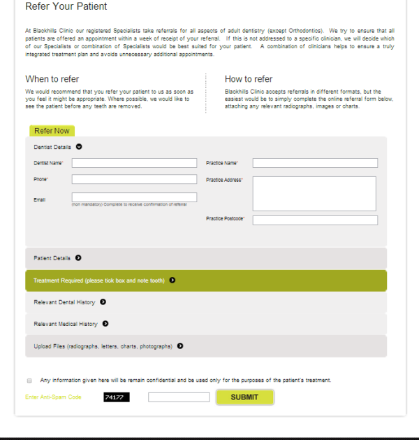 Graphical User Interface Good Design Example 2 Screenshot of an online dental patient referral form with fields for dentist and patient details, treatment required, medical history, and file uploads, featuring 'Refer Now' and 'Submit' buttons.