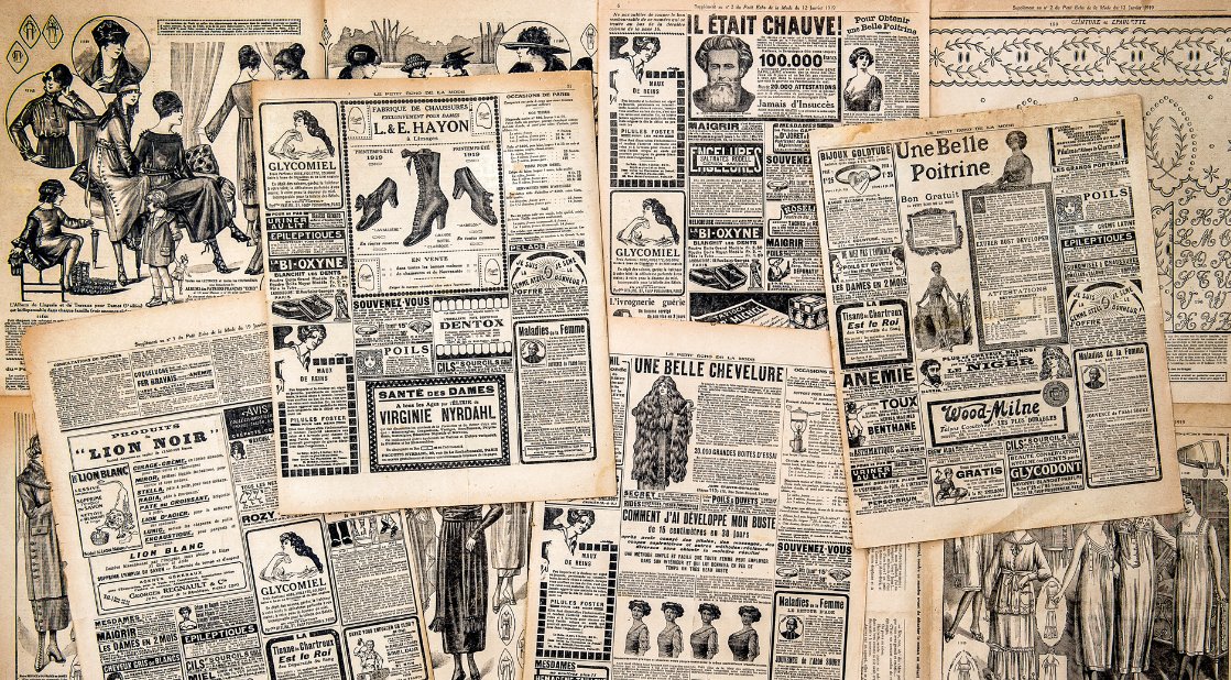 Collage of vintage fashion and health advertisements featuring illustrations of women and products from early 20th-century magazines