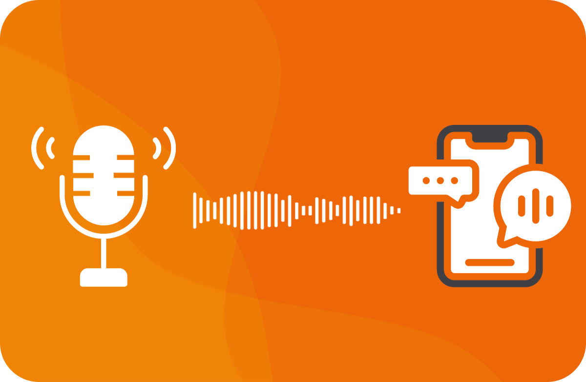 Illustration of a microphone emitting sound waves towards a smartphone with speech bubbles indicating voice recognition
