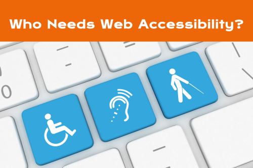 Keyboard keys with icons representing wheelchair access, hearing impairment, and visual impairment with a heading saying 'Who Needs Web Accessibility?'
