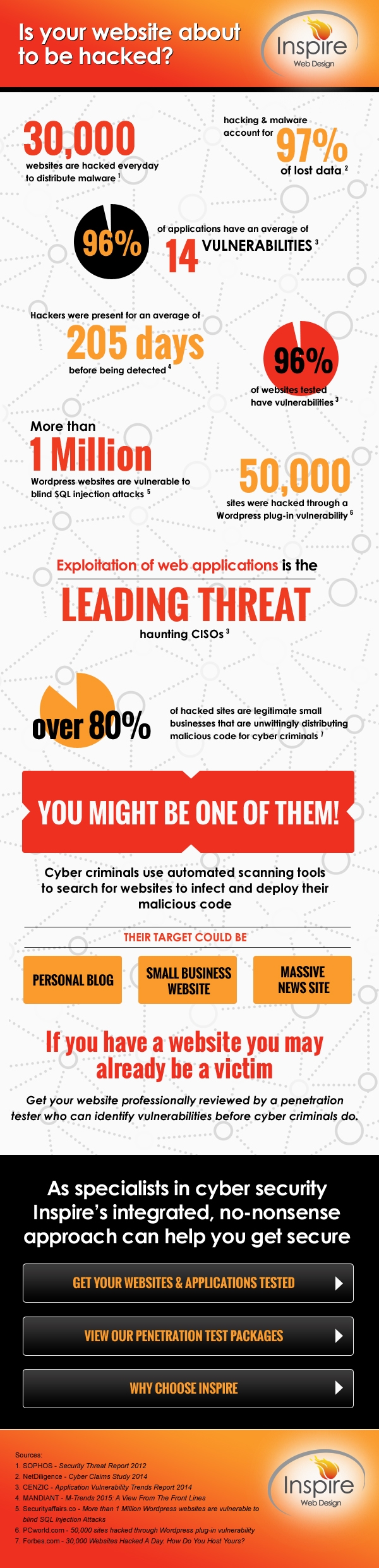 Infographic showing key statistics on website hacking risks and vulnerabilities, highlighting threats like malware distribution, WordPress attacks, and the importance of penetration testing.