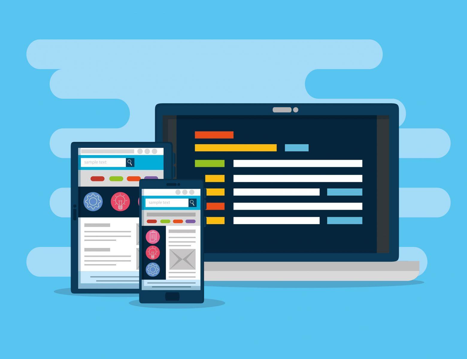 Illustration of a laptop, tablet, and smartphone displaying website layouts and code against a blue background