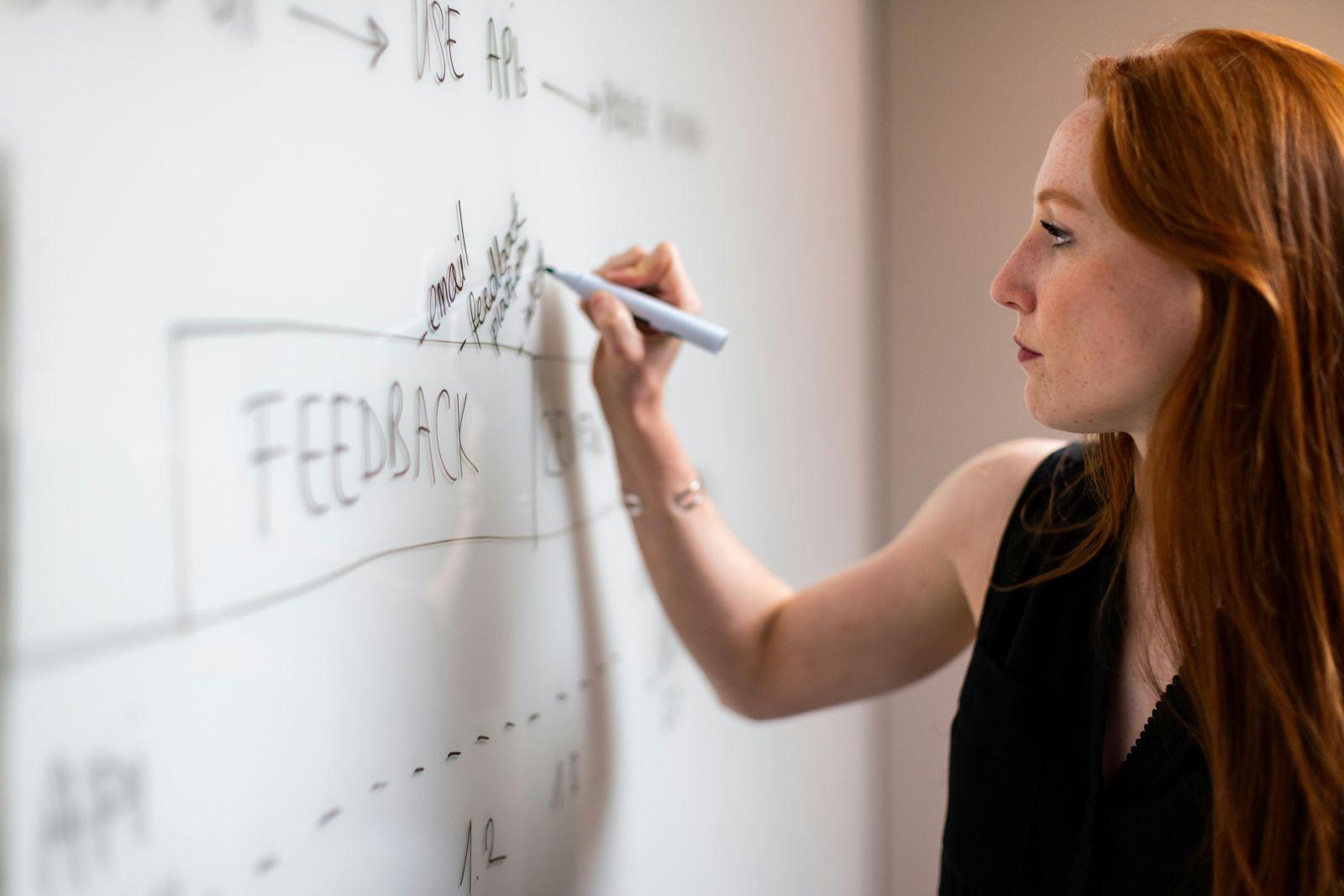 Woman with red hair writing the word FEEDBACK and related notes on a whiteboard using a blue marker