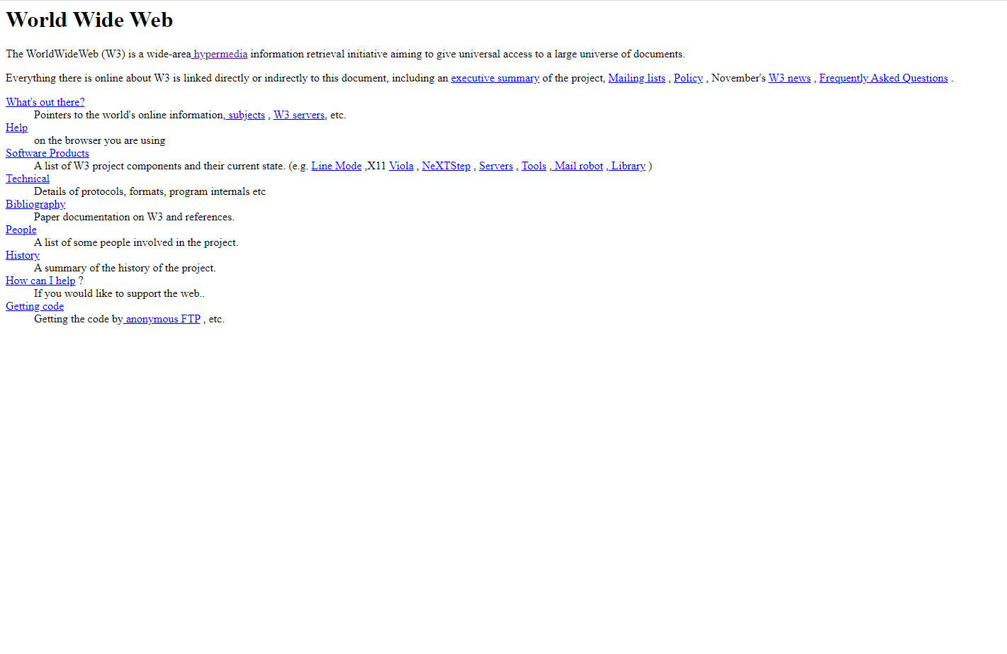 Screenshot of the original World Wide Web homepage displaying hypertext links and project documentation sections on a plain white background
