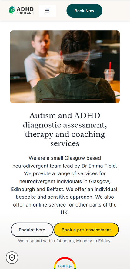 Mobile website screenshot showing ADHD Scotland's offering autism and ADHD diagnostic assessment, therapy and coaching services with contact options