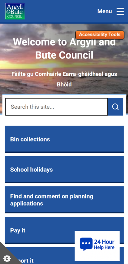 Mobile view of Argyll and Bute Council homepage showing welcome message, search bar, and quick links including bin collections, school holidays, and planning applications