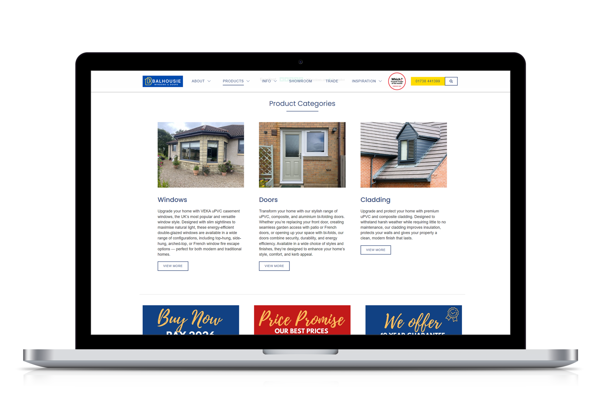 Laptop screen displaying Balhousie Glazing website's product categories featuring windows, doors and cladding with descriptions and images