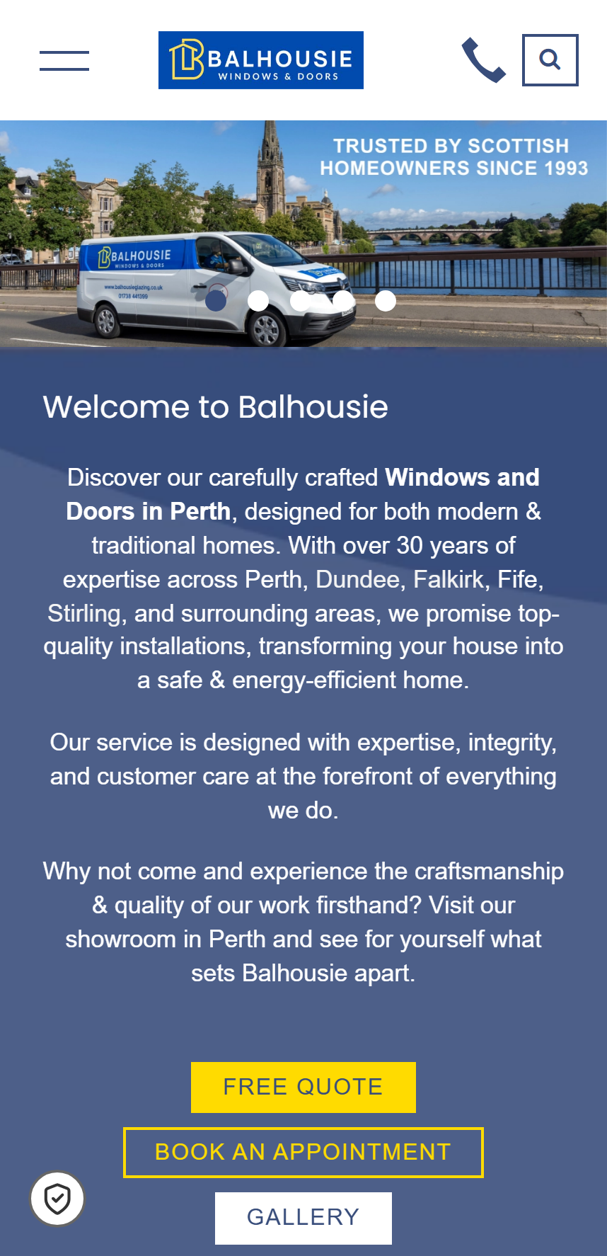 Mobile view of Balhousie Windows & Doors website homepage, showing a Balhousie branded van on a bridge in a Scottish town with the text 'Trusted by Scottish homeowners since 1993'