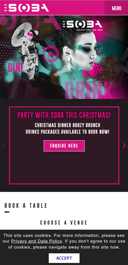 Mobile view of Bar Soba website showing a Christmas party booking promotion with menu and book a table options