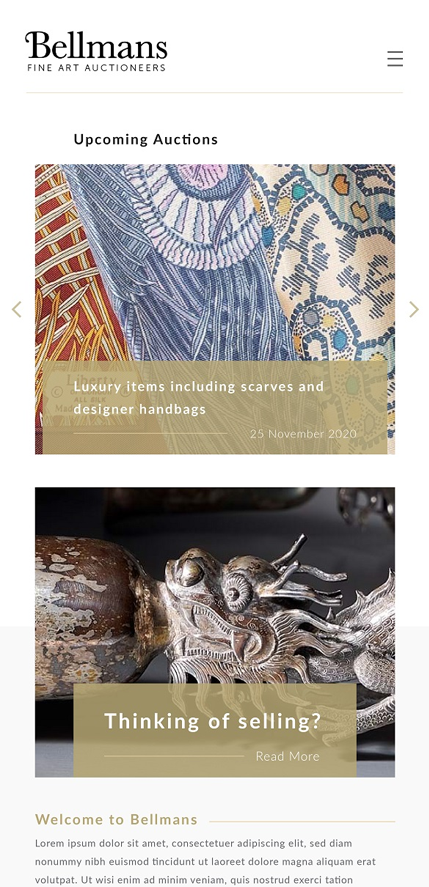Screenshot of Bellmans Auctioneers mobile website showing upcoming auctions with images of luxury scarves and designer handbags, and a section inviting users to consider selling items.
